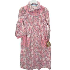 Vintage Lovely Lady Flannel Snap Button Robe House Coat S Pink Retro Floral New